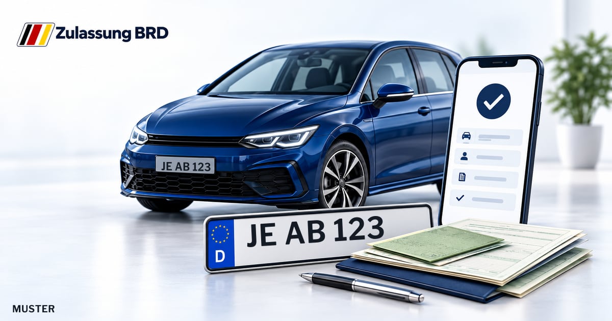 Online Fahrzeugzulassung in Jessen: Musterkennzeichen JE AB 123, Auto und Fahrzeugpapiere und Smartphone. Illustration mit Logo von Zulassung BRD.